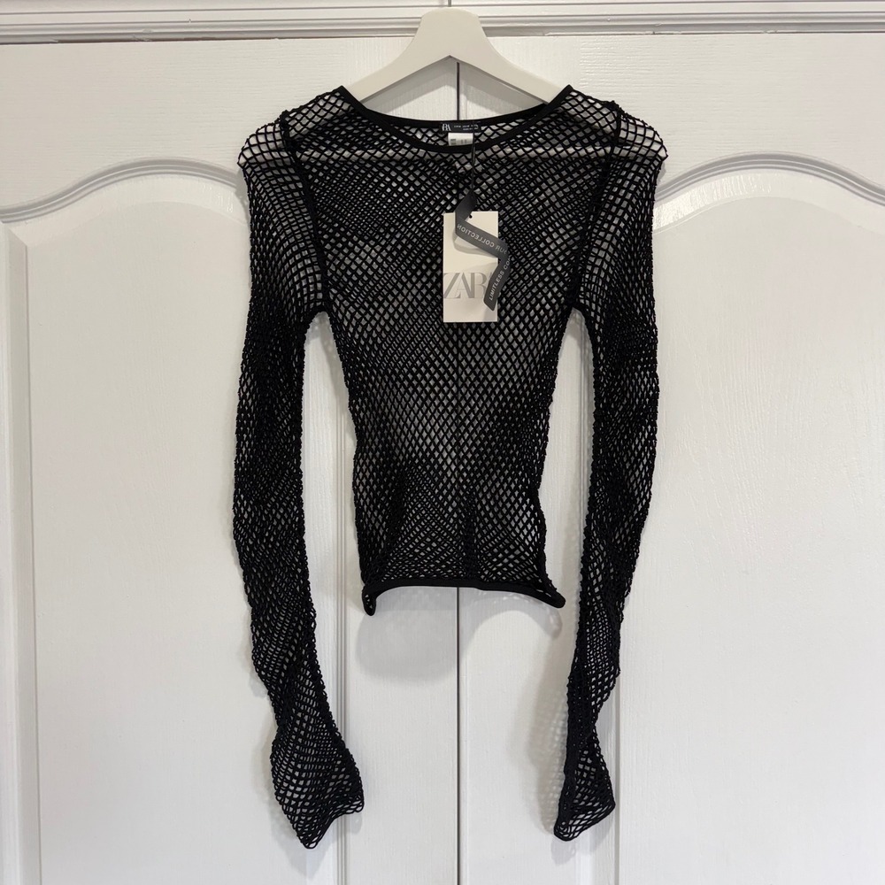 Zara Womens Limitless Contour Collection Black Fishnet Long Sleeve Top Size M